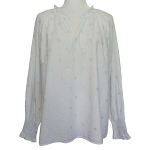 Talbots White Silver Metallic Polka Dot Split Neck Blouse Ruffle Collar